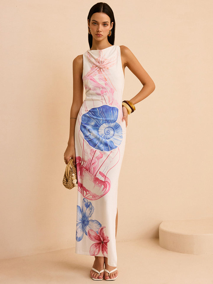 Robe Longue Semi-Transparente avec Imprimé Océan et Fente