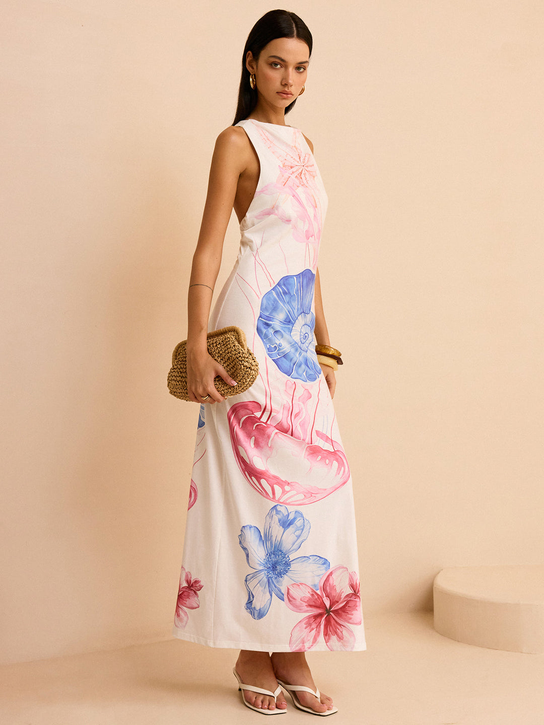 Robe Longue Semi-Transparente avec Imprimé Océan et Fente