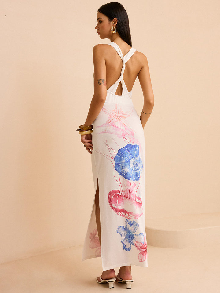 Robe Longue Semi-Transparente avec Imprimé Océan et Fente