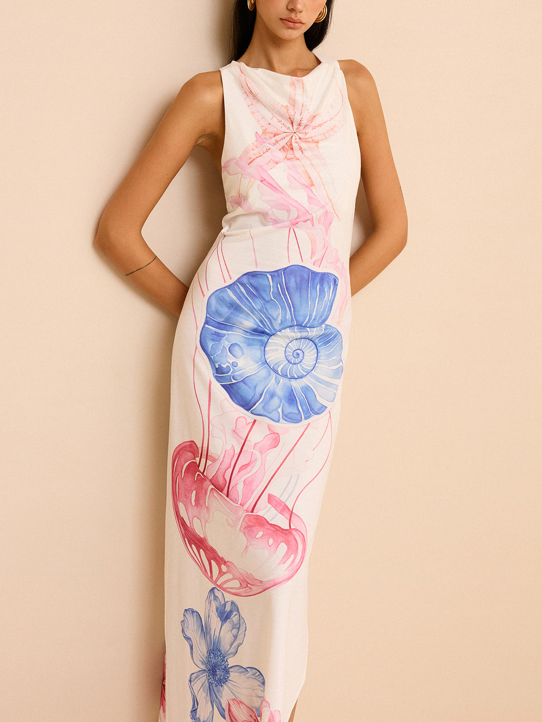 Robe Longue Semi-Transparente avec Imprimé Océan et Fente