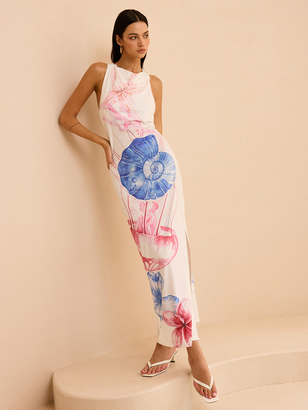 Robe Longue Semi-Transparente avec Imprimé Océan et Fente