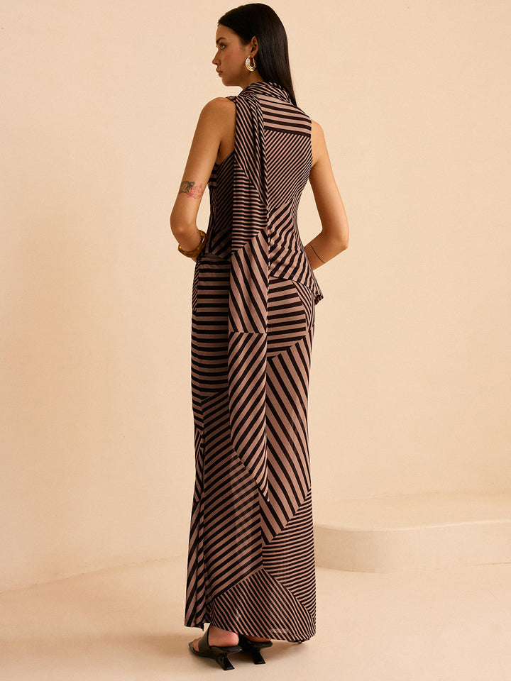 Ensemble jupe à col drapé rayé