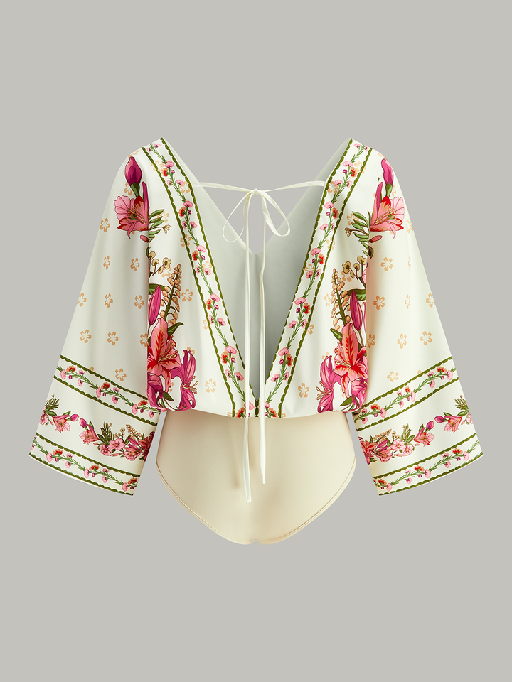 Combinaison Bodysuit à col en V et imprimé floral avec dos lacé