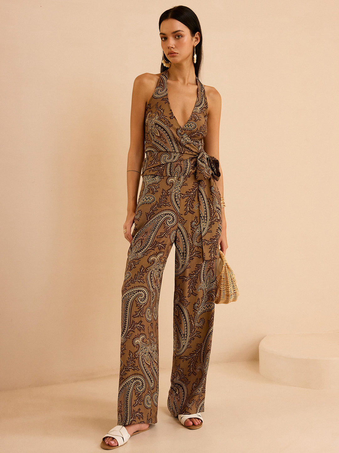 Ensemble Haut Dos Nu et Pantalon Imprimé Cachemire