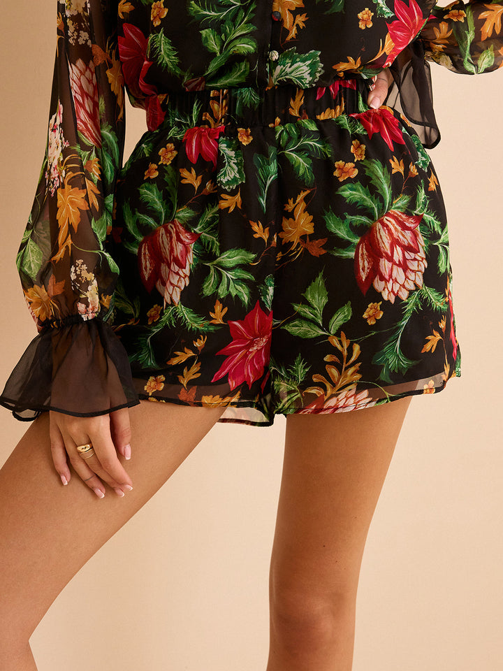 Shorts en mousseline à taille élastique avec imprimé floral