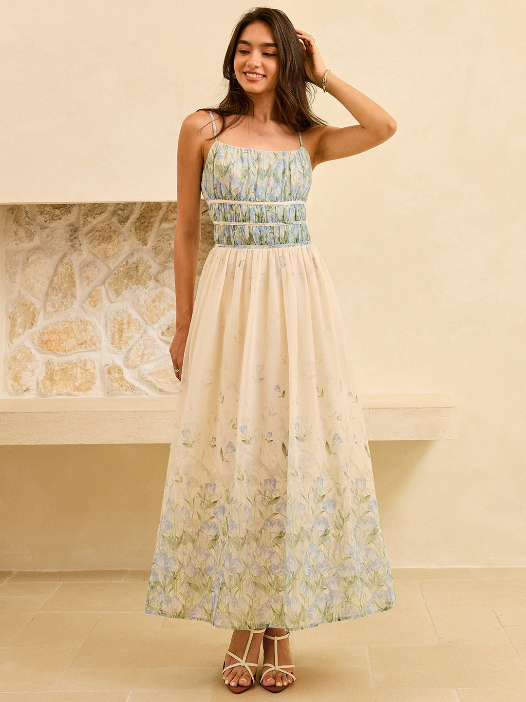 Robe Longue à Volants et Imprimé Floral Semi-Transparente