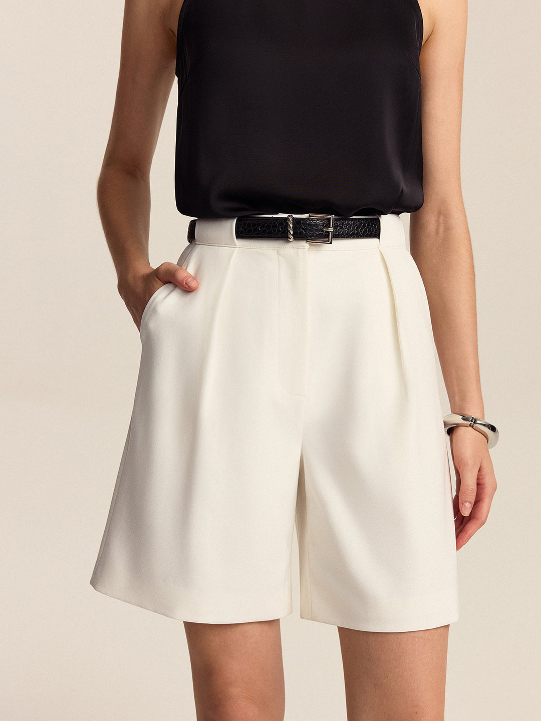 Shorts en jean taille mi-haute plissée