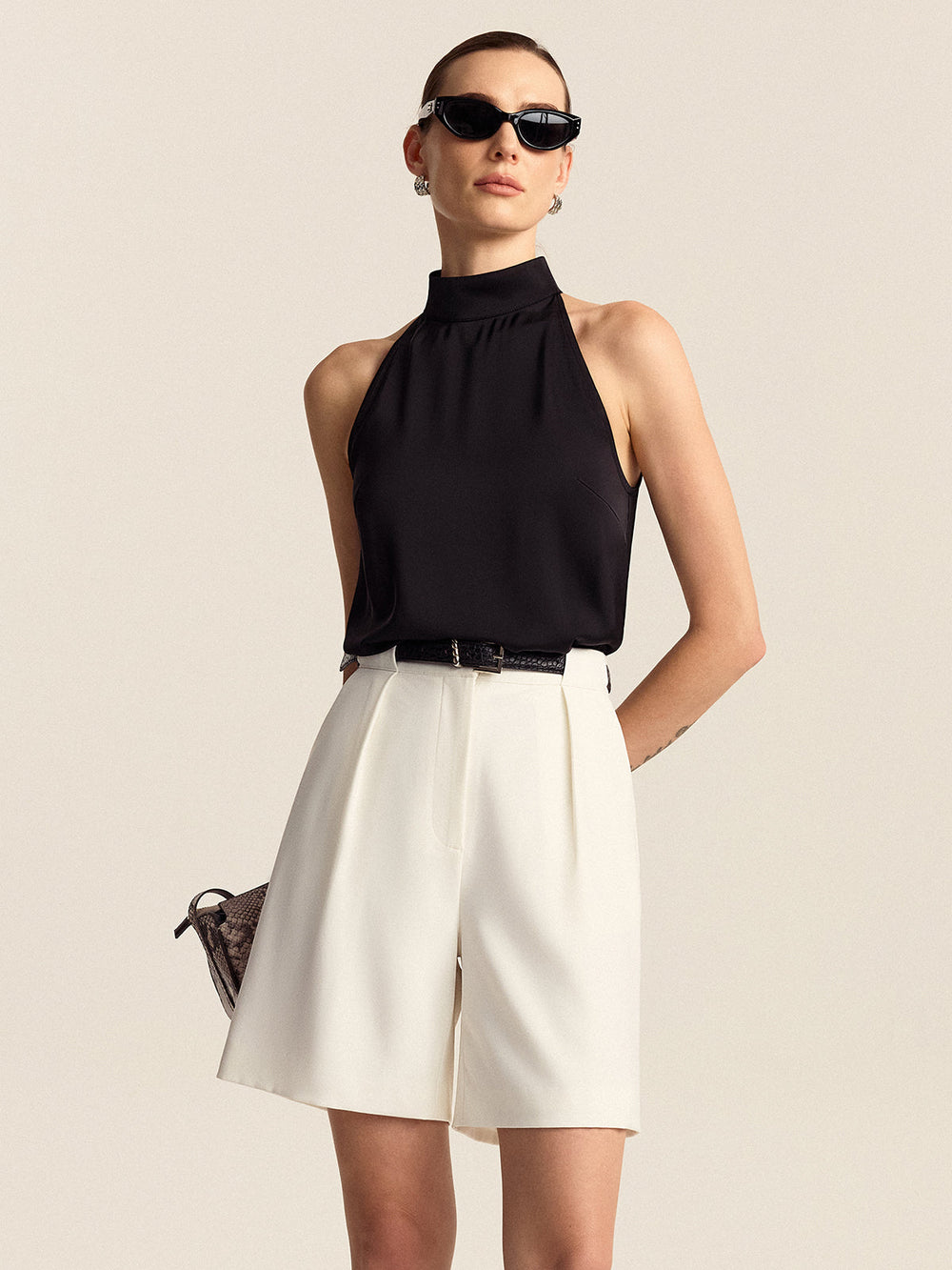 Shorts en jean taille mi-haute plissée