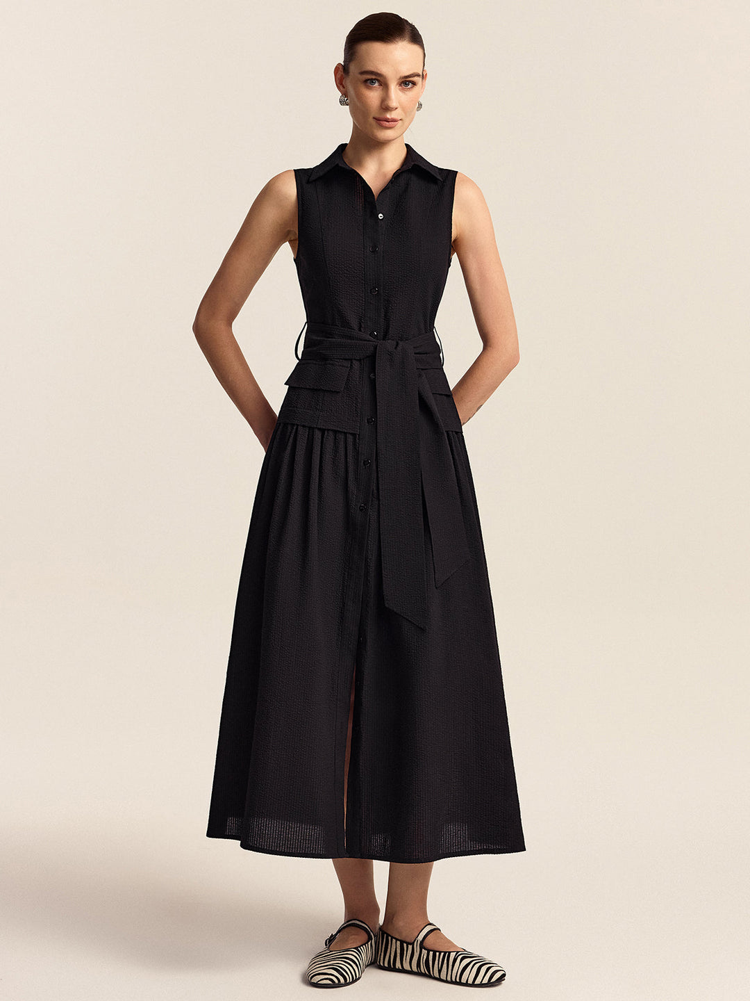 Robe Mi-longue à Boutons avec Ceinture