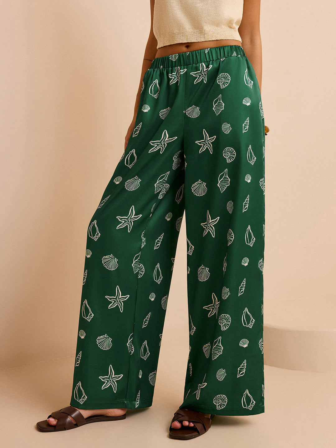 Pantalon Ample Taille Mi-haute avec Imprimés Coquillage et Étoile de Mer