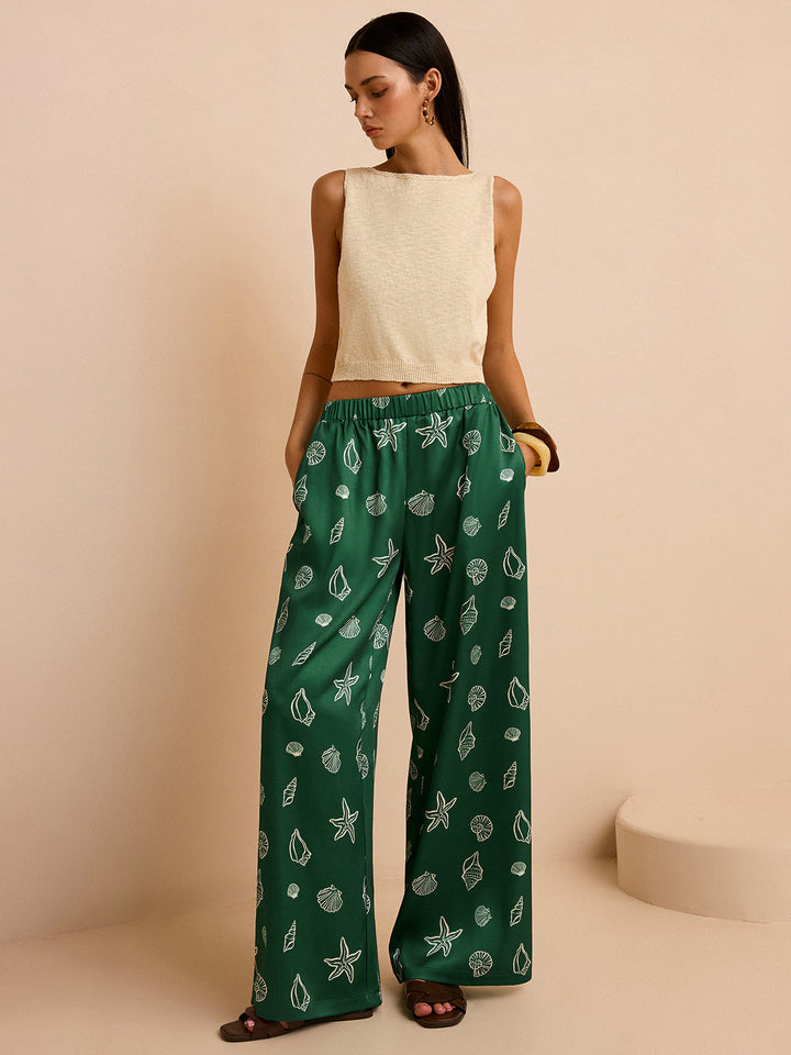 Pantalon Ample Taille Mi-haute avec Imprimés Coquillage et Étoile de Mer