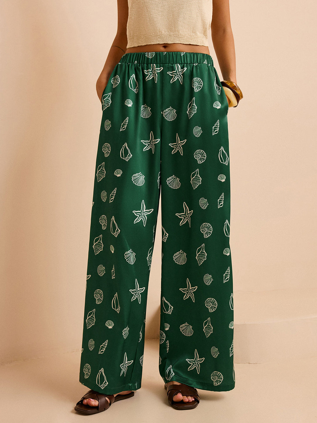 Pantalon Ample Taille Mi-haute avec Imprimés Coquillage et Étoile de Mer