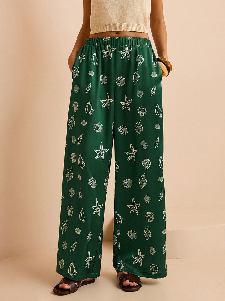 Pantalon Ample Taille Mi-haute avec Imprimés Coquillage et Étoile de Mer