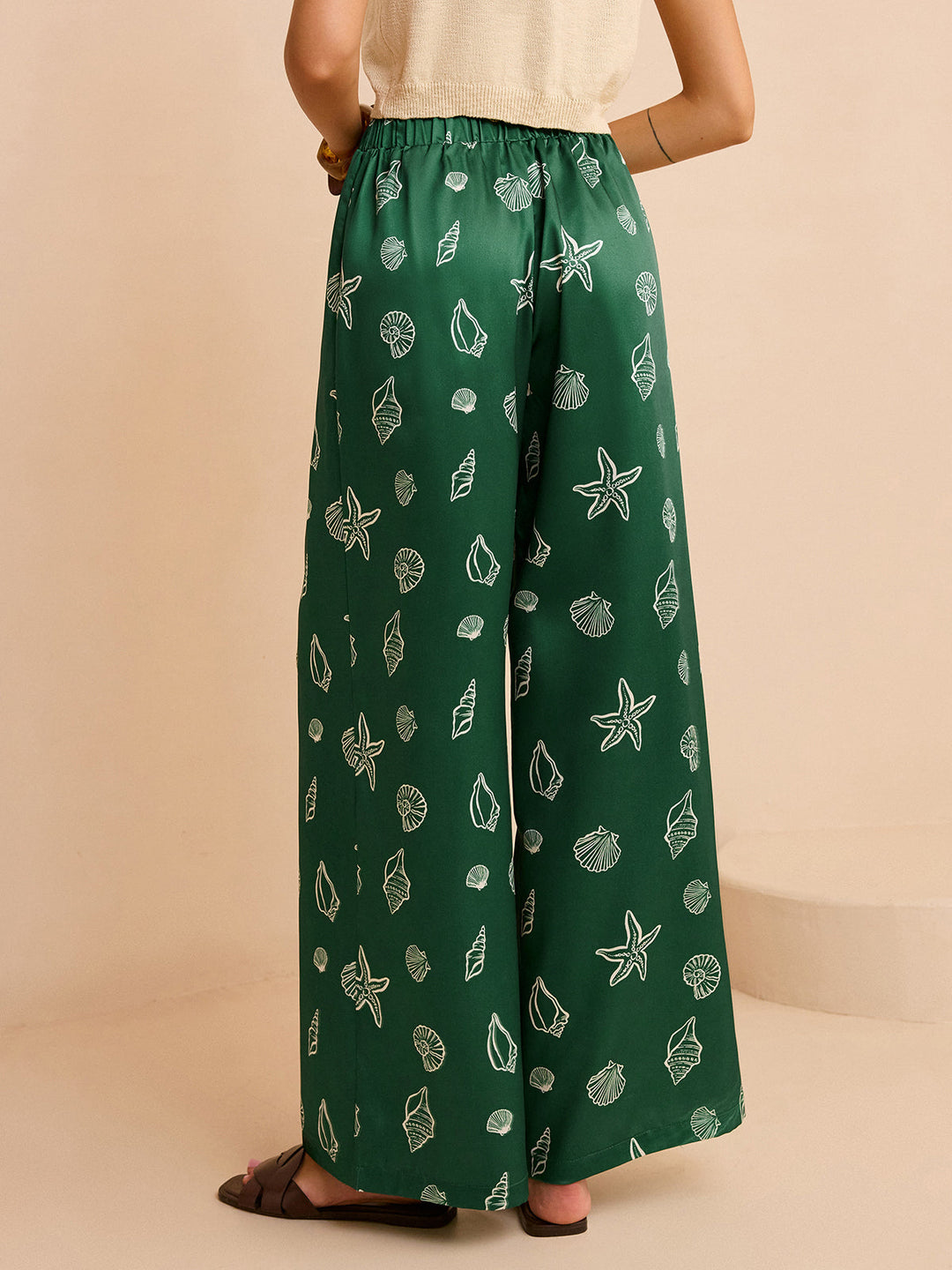 Pantalon Ample Taille Mi-haute avec Imprimés Coquillage et Étoile de Mer