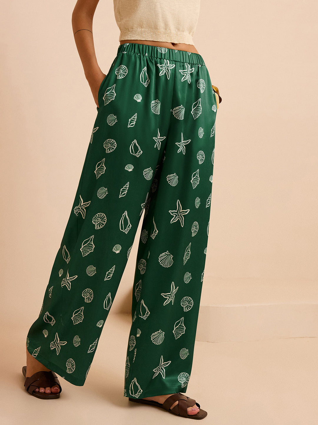 Pantalon Ample Taille Mi-haute avec Imprimés Coquillage et Étoile de Mer
