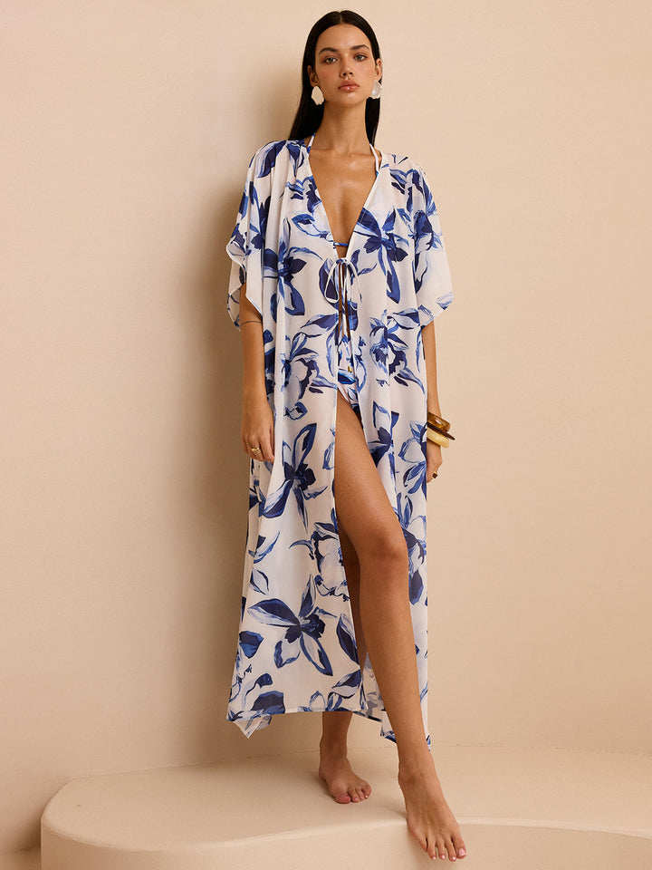 Chiffon kimono à imprimé floral transparent avec laçage sur le devant