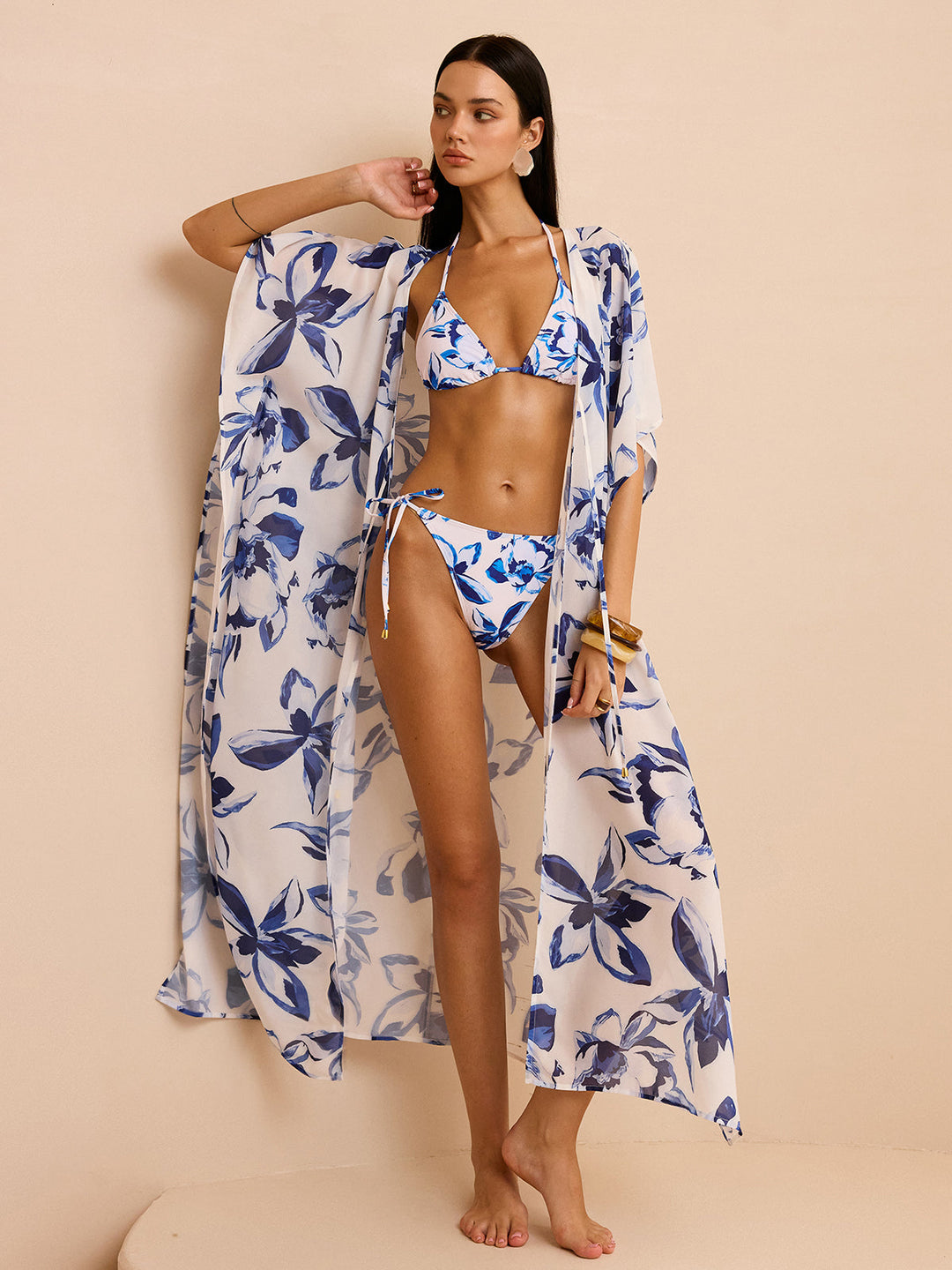 Chiffon kimono à imprimé floral transparent avec laçage sur le devant
