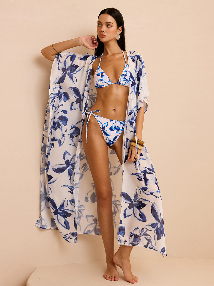 Chiffon kimono à imprimé floral transparent avec laçage sur le devant