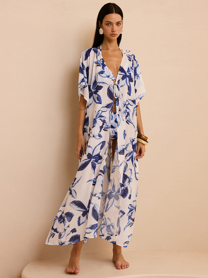 Chiffon kimono à imprimé floral transparent avec laçage sur le devant