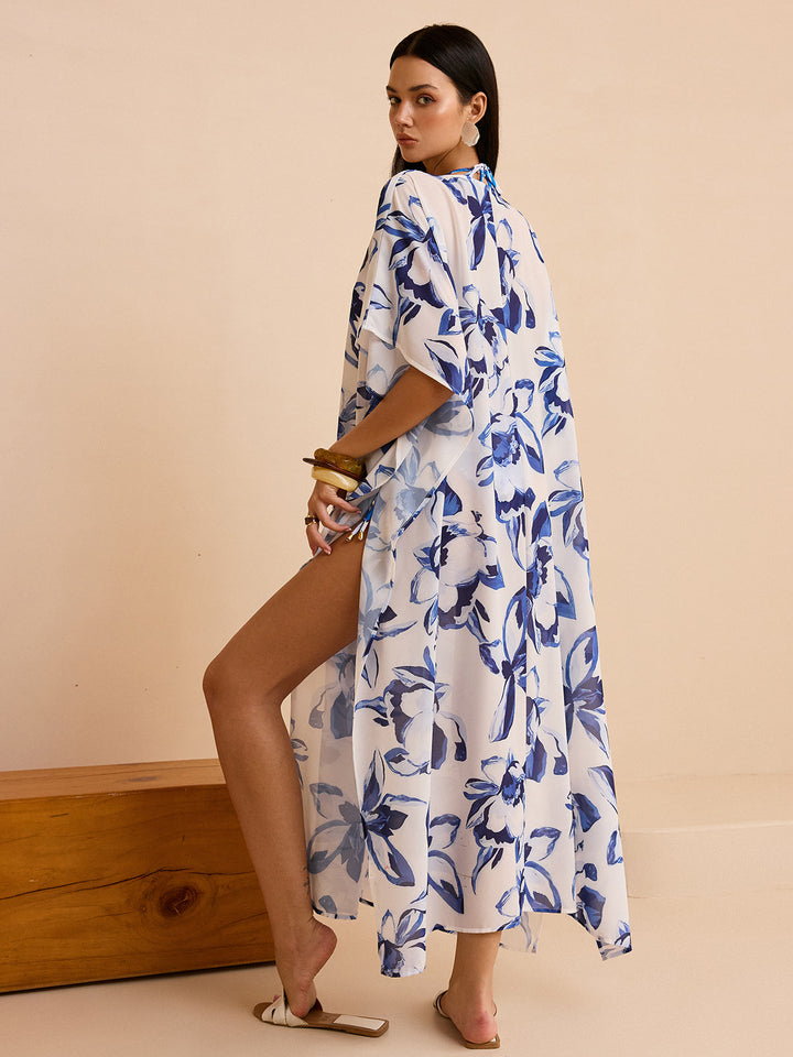 Chiffon kimono à imprimé floral transparent avec laçage sur le devant