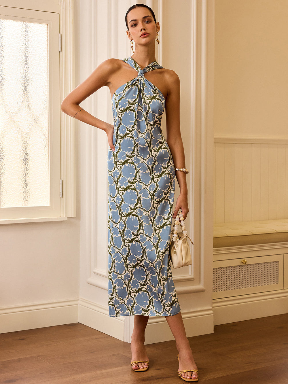Robe Mi-longue à Col Halter Imprimé Floral