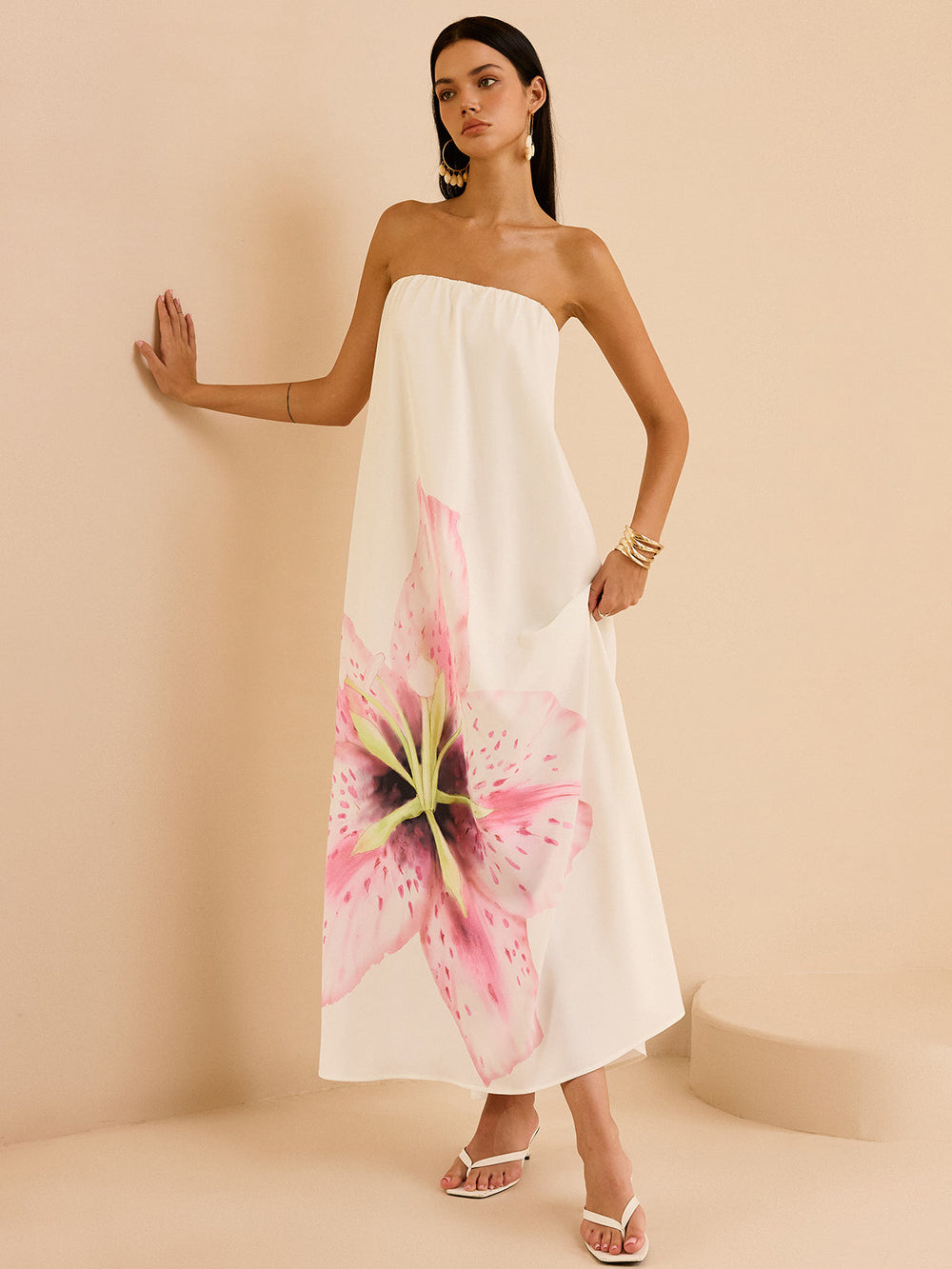 Robe Longue Sans Bretelles Imprimée à Fleurs