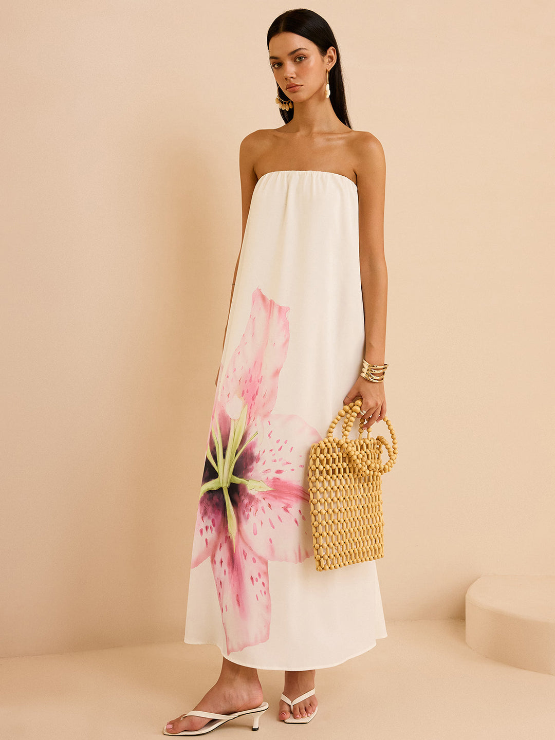 Robe Longue Sans Bretelles Imprimée à Fleurs