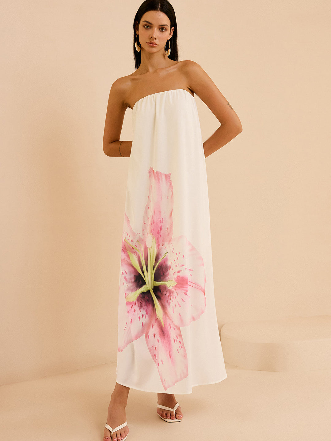 Robe Longue Sans Bretelles Imprimée à Fleurs