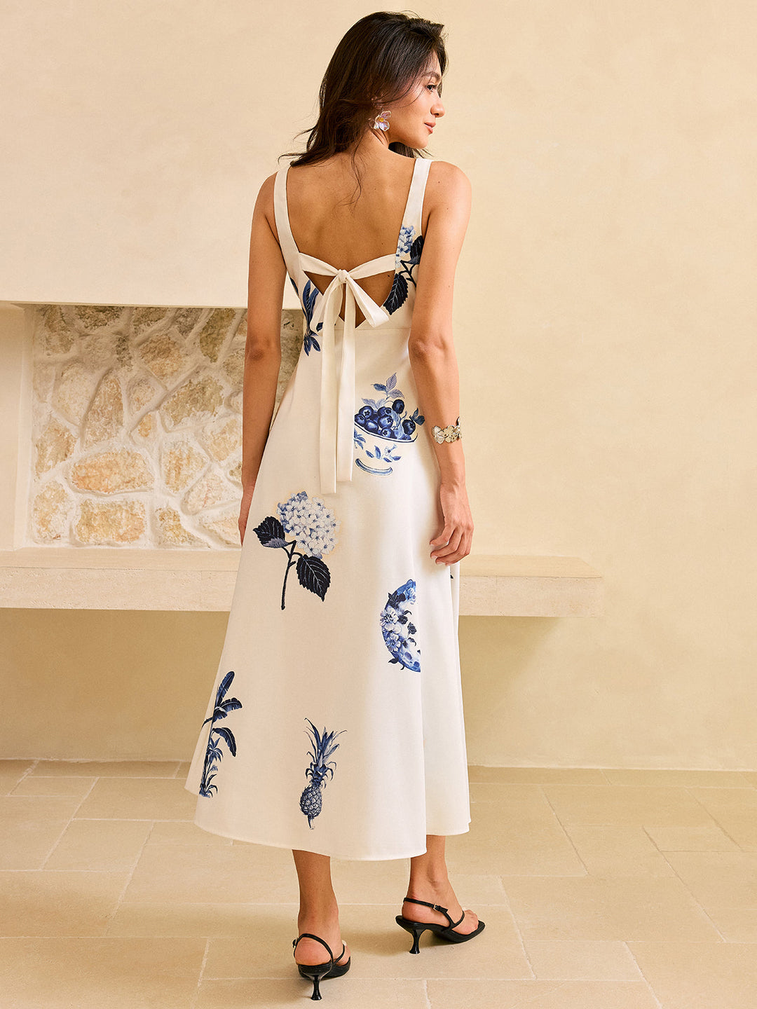 Robe Mi-longue Caraco Encolure Carrée Imprimé Tropical