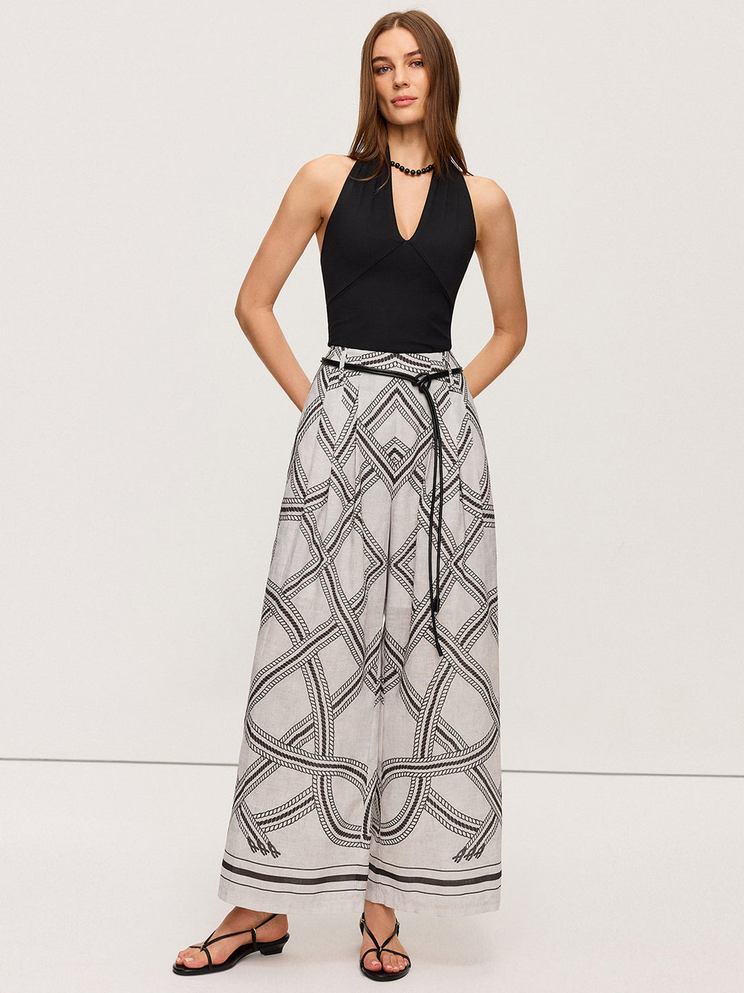 Pantalon large taille haute géométrique avec ceinture