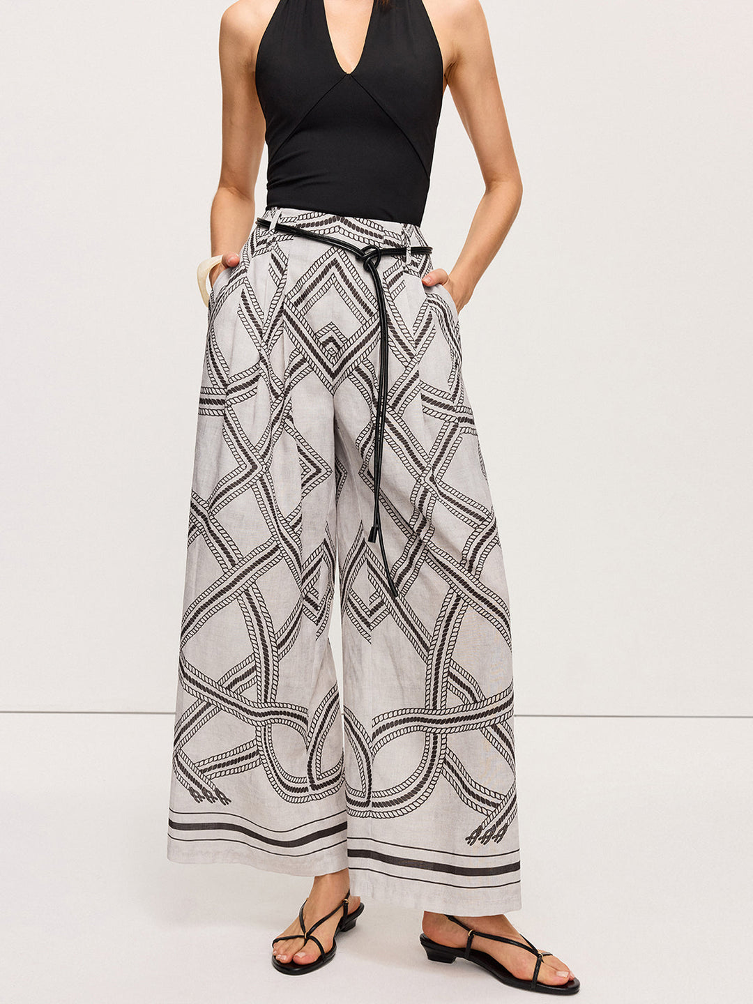 Pantalon large taille haute géométrique avec ceinture