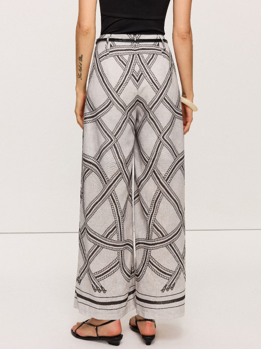 Pantalon large taille haute géométrique avec ceinture