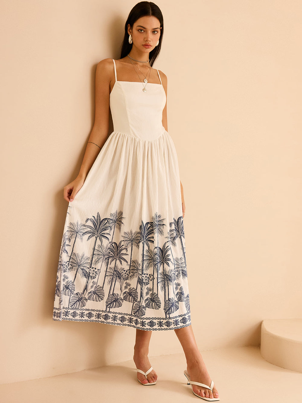 Robe Maxi à Dos Lacé et Imprimé Tropical Semi-Transparent