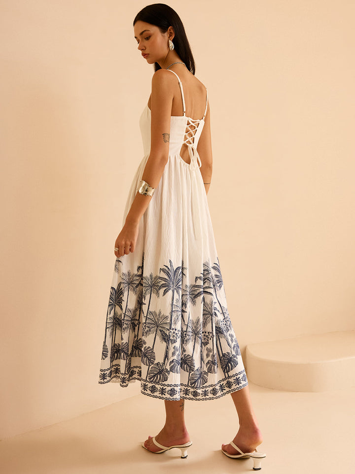 Robe Maxi à Dos Lacé et Imprimé Tropical Semi-Transparent