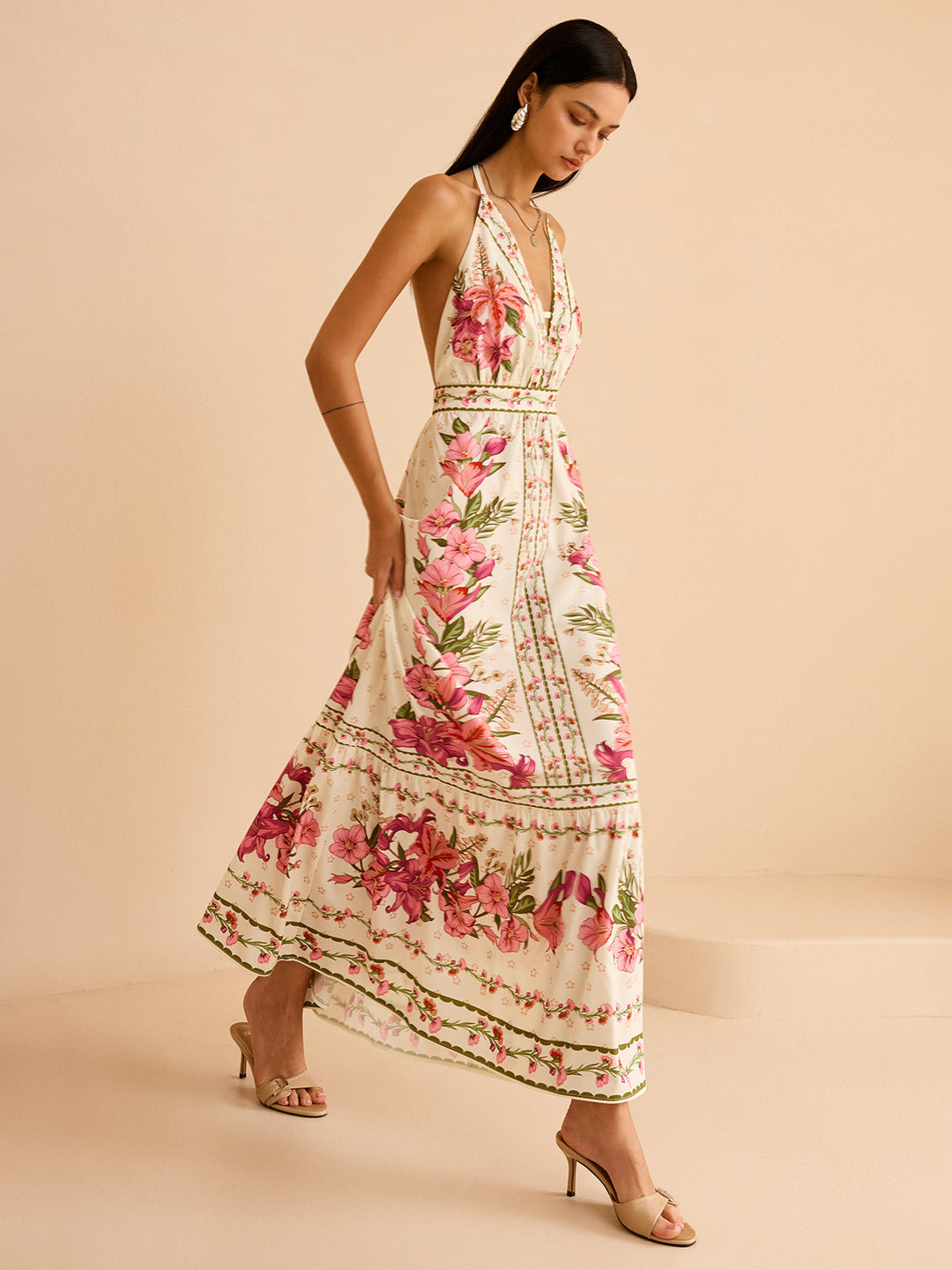 Robe Longue à Imprimé Floral Dos Nu à Bretelles