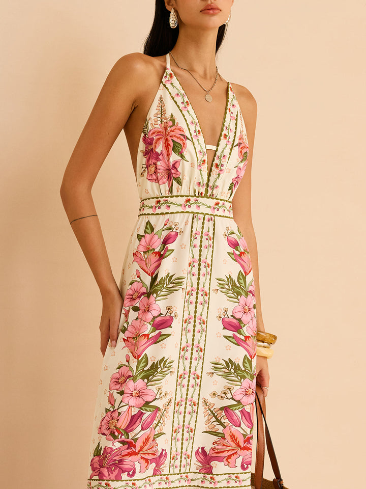 Robe Longue à Imprimé Floral Dos Nu à Bretelles