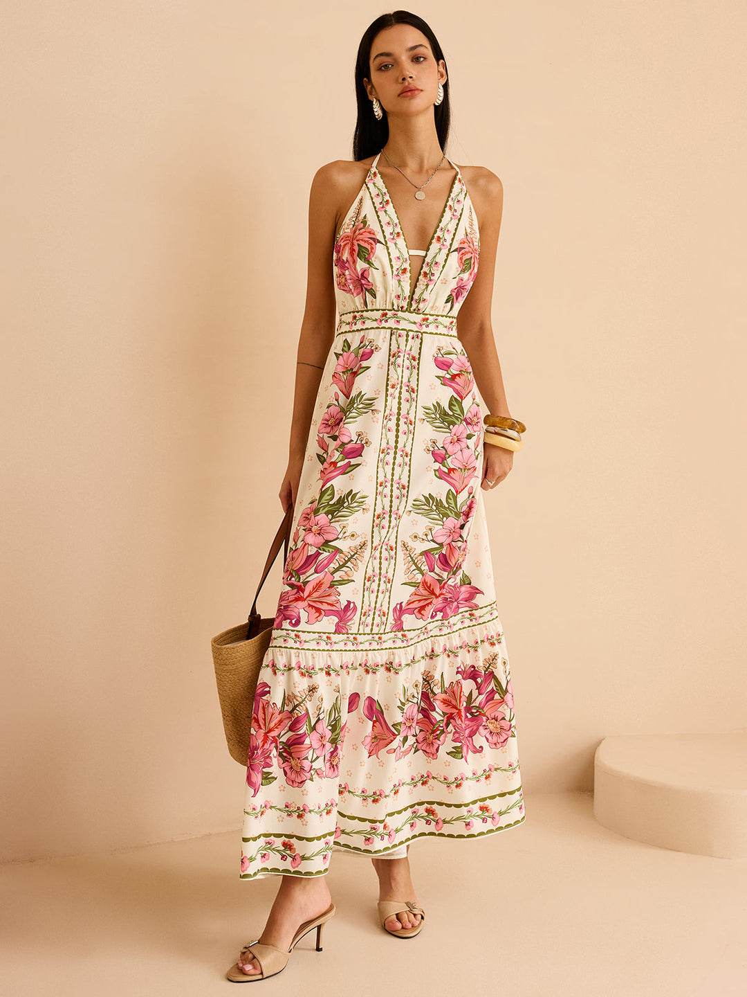 Robe Longue à Imprimé Floral Dos Nu à Bretelles