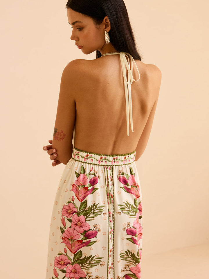 Robe Longue à Imprimé Floral Dos Nu à Bretelles