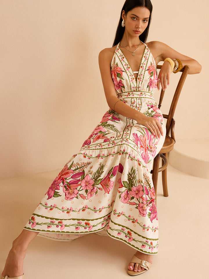 Robe Longue à Imprimé Floral Dos Nu à Bretelles