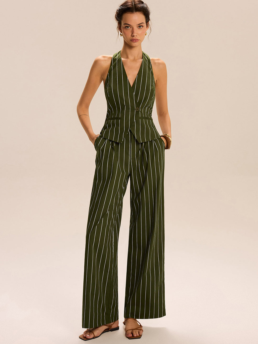 Ensemble jupe-culotte à col licou rayé et pantalon évasé