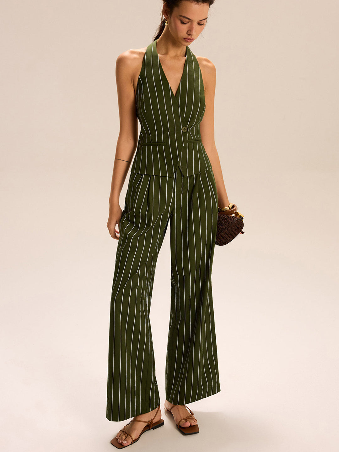 Ensemble jupe-culotte à col licou rayé et pantalon évasé