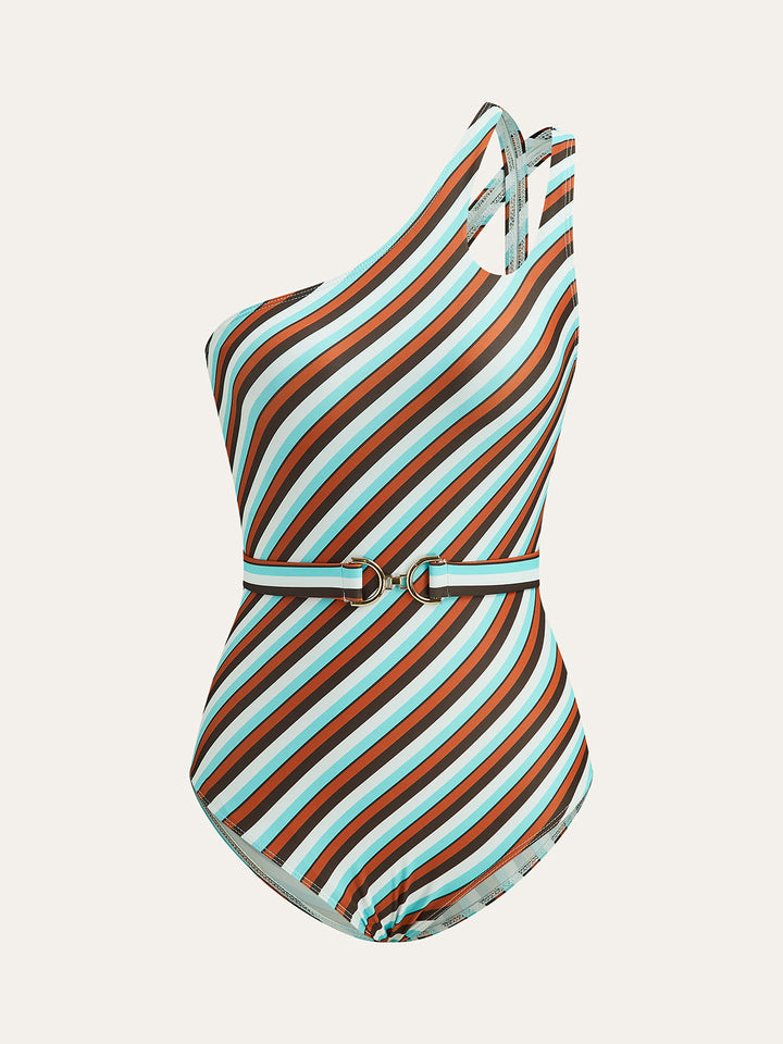 Maillot de bain une pièce ceinturé rayé asymétrique