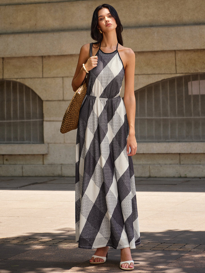 Robe Longue à Col Halter Dos Nu à Carreaux