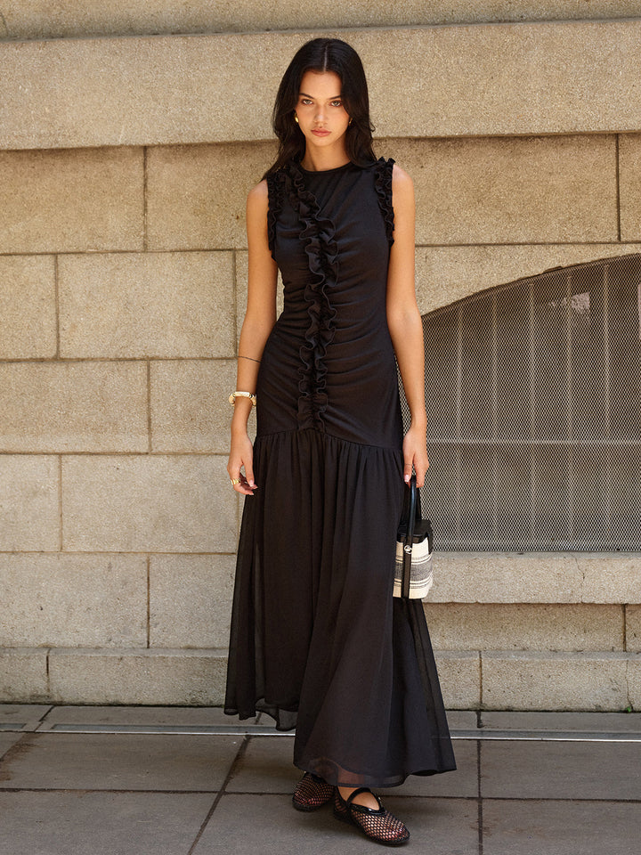 Robe Maxi Détaillée à Volants et Ruchage sur le Devant