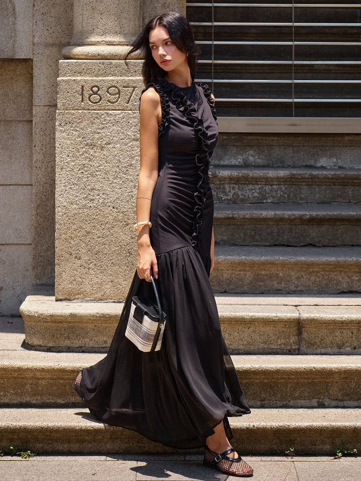 Robe Maxi Détaillée à Volants et Ruchage sur le Devant