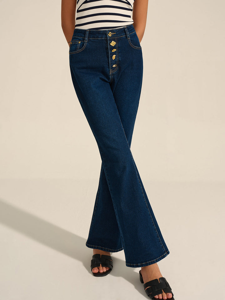 Pantalon Évasé en Métal Décoratif en Jean