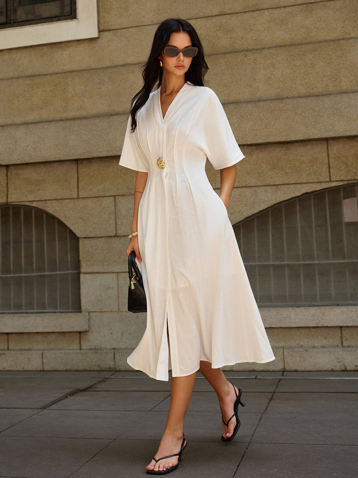 Robe Midi à Col en V à Décor Métallique