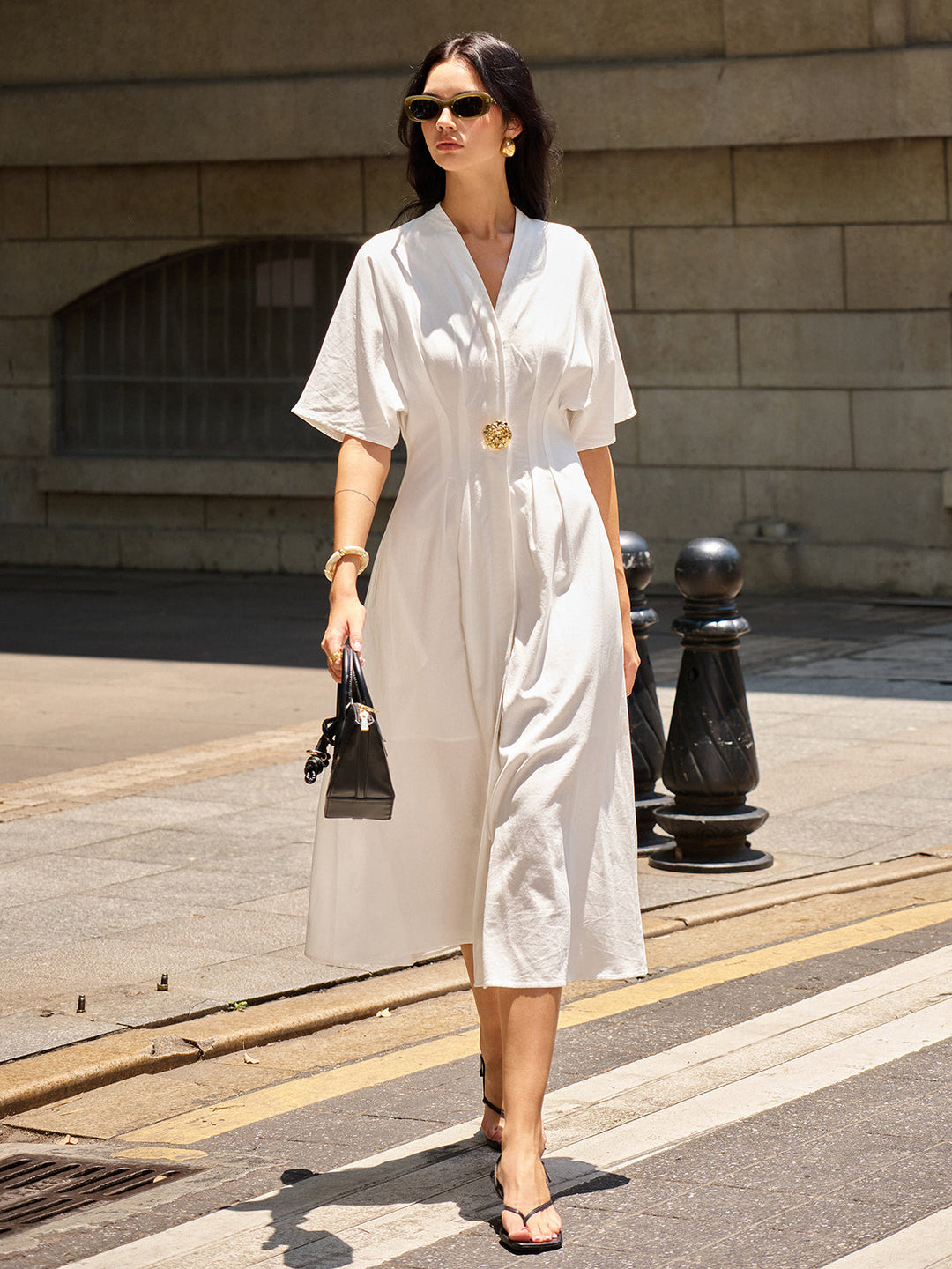 Robe Midi à Col en V à Décor Métallique