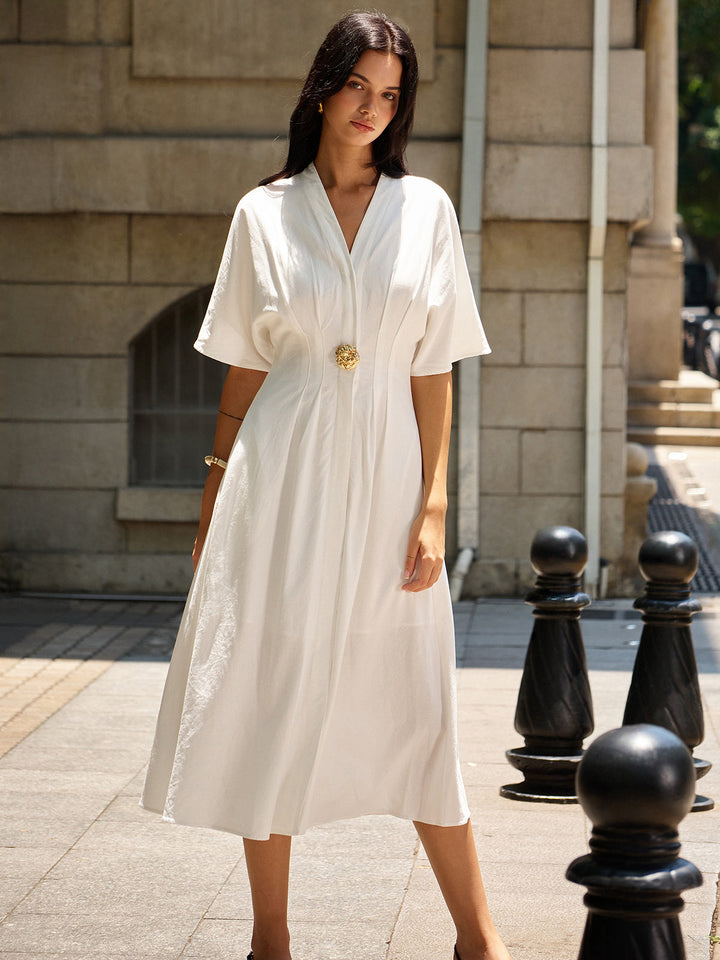 Robe Midi à Col en V à Décor Métallique