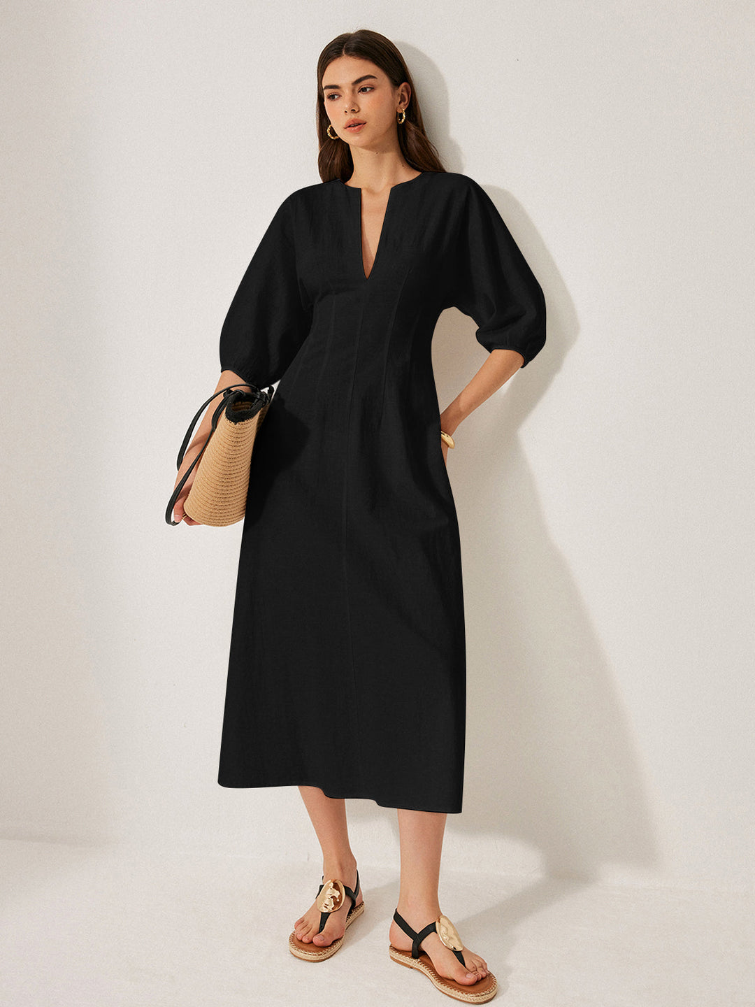 Robe Manches Bouffantes Coton & Lin Sans Ceinture